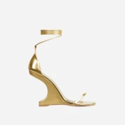 EGO Time-Flies Lace Up Square Toe Cut Out Wedge Heel In Gold Faux Leather -EGO shop 28 10 22 fw30009 sq