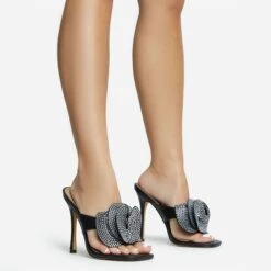 EGO Bouquet Oversized Diamante Rose Detail Thong Strap Square Toe Stiletto Heel Mule In Black Faux Leather -EGO shop 30 11 22 fw31743 sq
