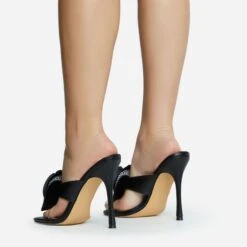 EGO Bouquet Oversized Diamante Rose Detail Thong Strap Square Toe Stiletto Heel Mule In Black Faux Leather -EGO shop 30 11 22 fw31745 sq