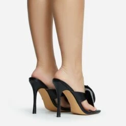 EGO Bouquet Oversized Diamante Rose Detail Thong Strap Square Toe Stiletto Heel Mule In Black Faux Leather -EGO shop 30 11 22 fw31746 sq