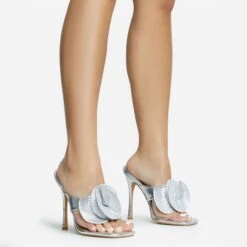EGO Bouquet Oversized Diamante Rose Detail Thong Strap Square Toe Stiletto Heel Mule In Silver Faux Leather -EGO shop 30 11 22 fw31748 sq