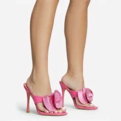 EGO Bouquet Oversized Diamante Rose Detail Thong Strap Square Toe Stiletto Heel Mule In Pink Faux Leather -EGO shop 30 11 22 fw31758 sq