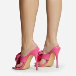 EGO Bouquet Oversized Diamante Rose Detail Thong Strap Square Toe Stiletto Heel Mule In Pink Faux Leather -EGO shop 30 11 22 fw31760 sq