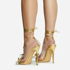 EGO Blooming Lace Up Flower Detail Platform Stiletto Heel In Gold Faux Leather -EGO shop 30 11 22 fw31851