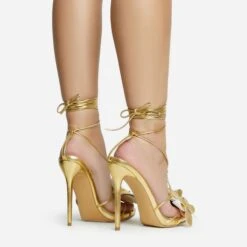 EGO Blooming Lace Up Flower Detail Platform Stiletto Heel In Gold Faux Leather -EGO shop 30 11 22 fw31852