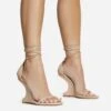 EGO Time-Flies Lace Up Square Toe Cut Out Wedge Heel In Nude Faux Leather