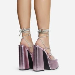 EGO Star-Walker Lace Up Diamante Knotted Strap Detail Extreme Platform Block Heel In Pink Metallic Faux Leather -EGO shop 30 11 22 fw31904 sq