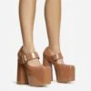 EGO Record Buckle Strap Detail Platform Block Heel In Nude Patent
