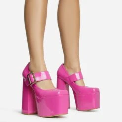 EGO Record Buckle Strap Detail Platform Block Heel In Pink Patent