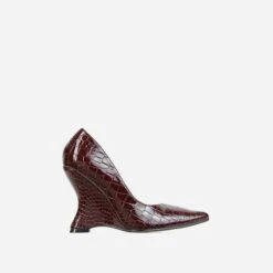 EGO In-Your-Soul Pointed Toe Cut Out Wedge Court Heel In Brown Croc Print Faux Leather