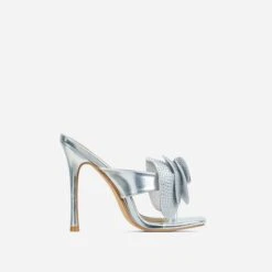 EGO Bouquet Oversized Diamante Rose Detail Thong Strap Square Toe Stiletto Heel Mule In Silver Faux Leather -EGO shop 30 11 22 fw32014 sq