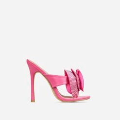 EGO Bouquet Oversized Diamante Rose Detail Thong Strap Square Toe Stiletto Heel Mule In Pink Faux Leather -EGO shop 30 11 22 fw32015 sq