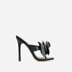 EGO Bouquet Oversized Diamante Rose Detail Thong Strap Square Toe Stiletto Heel Mule In Black Faux Leather -EGO shop 30 11 22 fw32017 sq
