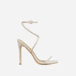 EGO Lena-Olin Cross Ankle Strap Square Toe Stiletto Heel In Nude Faux Suede -EGO shop 30 11 22 fw32030 sq
