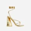 EGO Love-Booth Lace Up Knotted Strap Detail Square Toe Sculptured Flared Block Heel In Gold Faux Leather -EGO shop 30 11 22 fw32031 sq