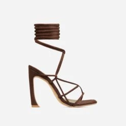 EGO Shanice Lace Up Strappy Square Toe Statement Thin Block Heel In Brown Faux Suede -EGO shop 30 11 22 fw32053 sq