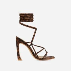 EGO Shanice Lace Up Strappy Square Toe Statement Thin Block Heel In Leopard Print Faux Suede -EGO shop 30 11 22 fw32055 sq