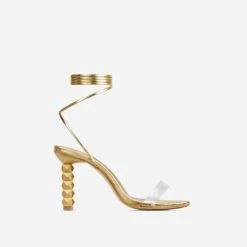 EGO Diamond-Girl Lace Up Clear Perspex Strap Square Toe Statement Thin Block Heel In Gold Faux Leather -EGO shop 30 11 22 fw32074 sq
