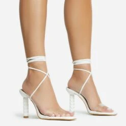 EGO Diamond-Girl Lace Up Clear Perspex Strap Square Toe Statement Thin Block Heel In White Faux Leather