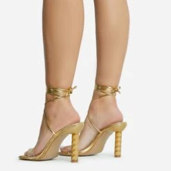 EGO Diamond-Girl Lace Up Clear Perspex Strap Square Toe Statement Thin Block Heel In Gold Faux Leather -EGO shop 30 11 22 fw33365 sq
