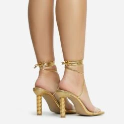 EGO Diamond-Girl Lace Up Clear Perspex Strap Square Toe Statement Thin Block Heel In Gold Faux Leather -EGO shop 30 11 22 fw33366 sq