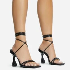 EGO Time-To-Talk Lace Up Strappy Square Toe Statement Heel In Black Faux Leather