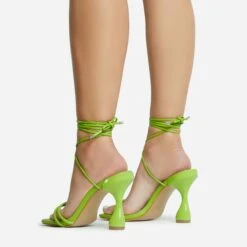 EGO Time-To-Talk Lace Up Strappy Square Toe Statement Heel In Green Faux Leather -EGO shop 30 11 22 fw33388 sq