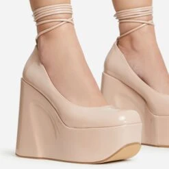 EGO Music-For-My-Ears Lace Up Closed Square Toe Platform Wedge Heel In Nude Patent -EGO shop 30 11 22 fw39647 sq