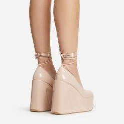 EGO Music-For-My-Ears Lace Up Closed Square Toe Platform Wedge Heel In Nude Patent -EGO shop 30 11 22 fw39649 sq