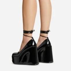EGO Music-For-My-Ears Lace Up Closed Square Toe Platform Wedge Heel In Black Patent -EGO shop 30 11 22 fw39653 sq
