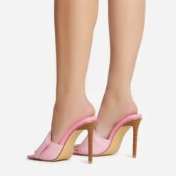 EGO Plush Velcro Strap Detail Square Peep Toe Stiletto Heel Mule In Pink Faux Leather -EGO shop 30 11 22 fw39658 sb