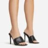 EGO Plush Velcro Strap Detail Square Peep Toe Stiletto Heel Mule In Black Faux Leather