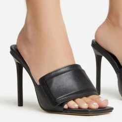 EGO Plush Velcro Strap Detail Square Peep Toe Stiletto Heel Mule In Black Faux Leather -EGO shop 30 11 22 fw39667 sq