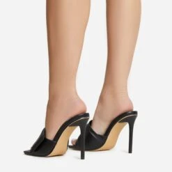 EGO Plush Velcro Strap Detail Square Peep Toe Stiletto Heel Mule In Black Faux Leather -EGO shop 30 11 22 fw39668 sb