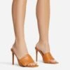 EGO Plush Velcro Strap Detail Square Peep Toe Stiletto Heel Mule In Tan Brown Faux Leather -EGO shop 30 11 22 fw39671 s