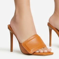 EGO Plush Velcro Strap Detail Square Peep Toe Stiletto Heel Mule In Tan Brown Faux Leather -EGO shop 30 11 22 fw39672 sq