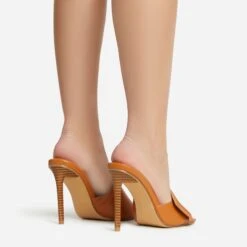 EGO Plush Velcro Strap Detail Square Peep Toe Stiletto Heel Mule In Tan Brown Faux Leather -EGO shop 30 11 22 fw39674 sb2