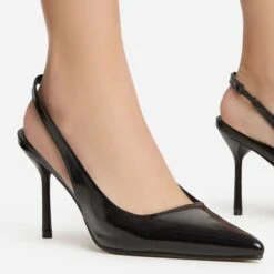 EGO I-Still-Do Pointed Toe Slingback Low Stiletto Court Heel In Black Faux Leather -EGO shop 30 11 22 fw39687 sq