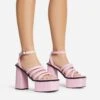 EGO Perocious Strappy Square Toe Platform Block Heel In Pink Croc Print Faux Leather
