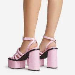 EGO Perocious Strappy Square Toe Platform Block Heel In Pink Croc Print Faux Leather -EGO shop 30 11 22 fw39703 sb