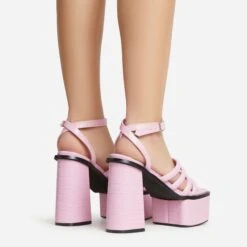 EGO Perocious Strappy Square Toe Platform Block Heel In Pink Croc Print Faux Leather -EGO shop 30 11 22 fw39704 sb2