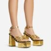 EGO Perocious Strappy Square Toe Platform Block Heel In Gold Croc Print Faux Leather