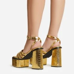EGO Perocious Strappy Square Toe Platform Block Heel In Gold Croc Print Faux Leather -EGO shop 30 11 22 fw39709 sb