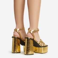 EGO Perocious Strappy Square Toe Platform Block Heel In Gold Croc Print Faux Leather -EGO shop 30 11 22 fw39710 sb2