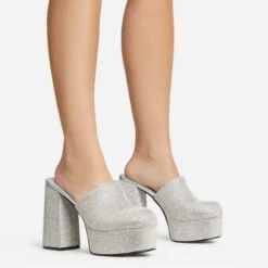 EGO Wilkinson Closed Toe Platform Block Heel Mule In Silver Diamante -EGO shop 30 11 22 fw39737 sqq