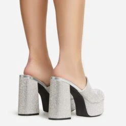 EGO Wilkinson Closed Toe Platform Block Heel Mule In Silver Diamante -EGO shop 30 11 22 fw39740 sb