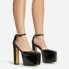 EGO Popped Ankle Strap Square Toe Platform Block Heel In Black Patent