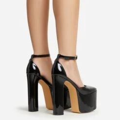 EGO Popped Ankle Strap Square Toe Platform Block Heel In Black Patent -EGO shop 30 11 22 fw39766 sb