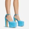 EGO Popped Ankle Strap Square Toe Platform Block Heel In Blue Patent