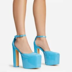 EGO Popped Ankle Strap Square Toe Platform Block Heel In Blue Patent